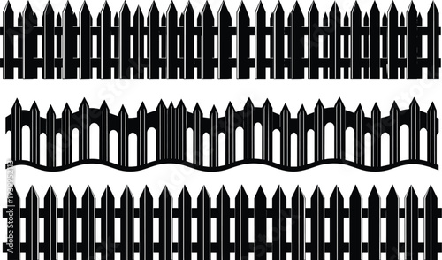 Large set of black wooden fence silhouettes decorative garden gate icons and directional road signs isolated on white background for landscape design architecture construction and farm