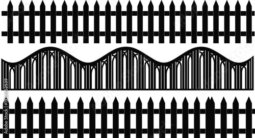 Large set of black wooden fence silhouettes garden gate icons and directional road signs isolated on white background for landscape design architecture construction and farm