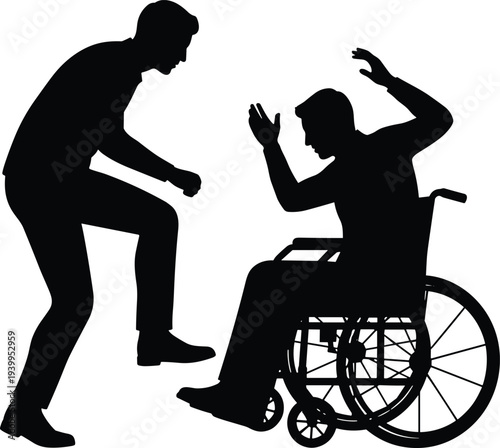 Black silhouette of an aggressive man shouting at and intimidating a person sitting in a wheelchair depicting social issues domestic violence and disabled abuse