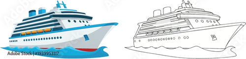 Colorful cartoon cruise ship illustration with its black and white outline version ideal for travel concepts childrens books or graphic design elements isolated on white