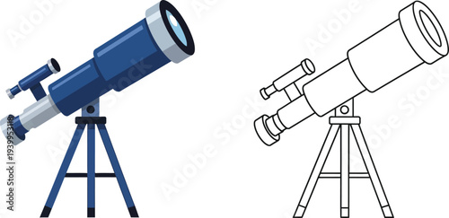 Cartoon blue astronomical telescope on a tripod accompanied by a black and white outline version ideal for science education and space exploration concepts