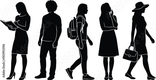 Black silhouette of diverse group including woman writing in notebook, man standing, student with backpack, pensive lady, and woman walking with hat and handbag