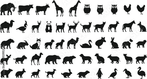 Mega collection of black animal silhouettes isolated on white including elephant, giraffe, birds, and pets for wildlife nature icons, zoo branding, and educational design