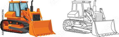 Cartoon style orange bulldozer and its outline drawing a heavy construction vehicle vector illustration for industrial projects or childrens coloring books