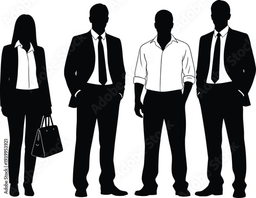 Business professionals silhouette illustration, corporate teamwork concept, office colleagues standing together, business attire vector, workplace collaboration design