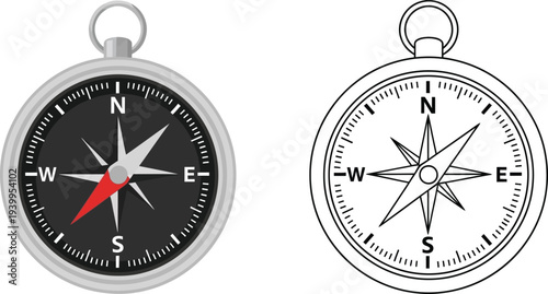 Two detailed vector illustrations of a classic navigation compass one in full color and one as an outline perfect for travel adventure and directional concepts