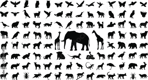 Mega collection of black animal silhouettes isolated on white including elephant, giraffe, birds, and pets for wildlife nature icons, zoo branding, and educational design