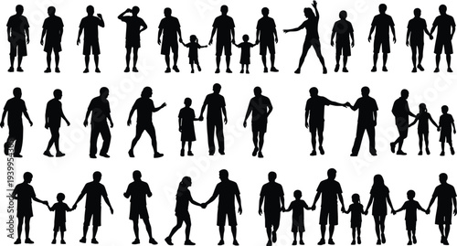 Family silhouettes of parents and children, holding hands walking together, playful interaction vector illustration, parenting bond and relationship design