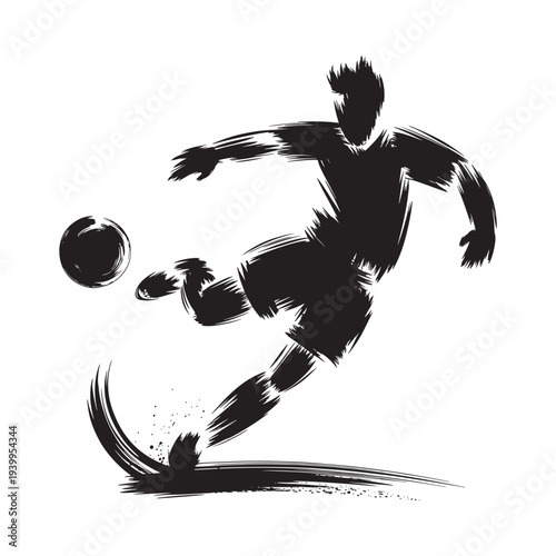 A dynamic black brushstroke illustration of a soccer player kicking a ball