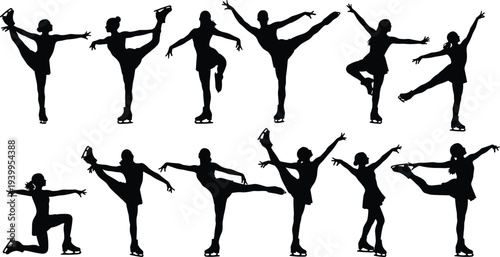 Figure skating silhouette, dynamic poses, elegant spins, arabesques, spirals, balance gestures, artistic sport movement, vector illustration icons collection