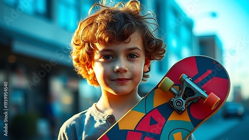 A curly-haired boy with a colorful longboard, exuding youthful energy against a vibrant cityscape. lifestyle magazines.