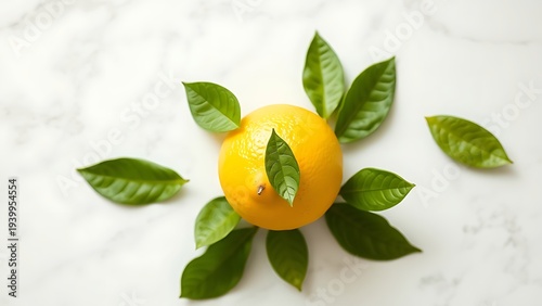  Fresh lemon with leaves on marble countertop, overhead view with clean white background. menu design, packaging mockups, designed for food delivery and cloud-kitchen brand materials.