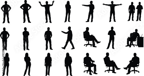   
Human silhouettes collection featuring diverse poses, gestures, seated and standing actions, workplace and daily activities for vector illustration design projects
