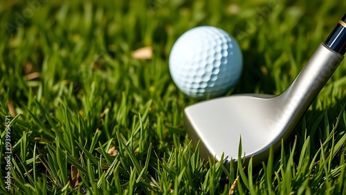 Golf club resting on lush green grass with a ball nearby, highlighting the sport's essence. event key visuals, club posters, designed for sports event promotions and stadium branding.