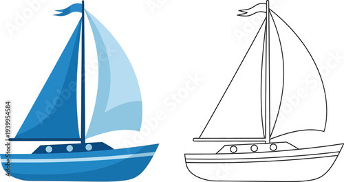 Cartoon style blue sailboat and outline drawing perfect vector illustration for childrens books summer themes or coloring activities isolated on white background