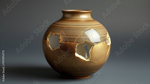 Shattered ceramic vase repaired with golden lacquer, kintsugi art on simple background. event programs, museum guides, designed for cultural heritage projects and event programs.