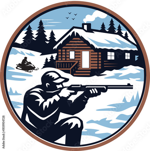 Winter hunting club badge featuring hunter with rifle cabin and snow forest landscape vector illustration