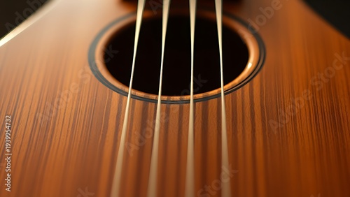 Close-up of an oud's pear-shaped body with detailed wood grain reflection. event programs, museum guides, designed for cultural heritage projects and event programs, preserves heritage.