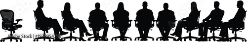 Office meeting silhouette vector illustration, people seated in chairs, teamwork conference group, corporate business discussion artwork design elements