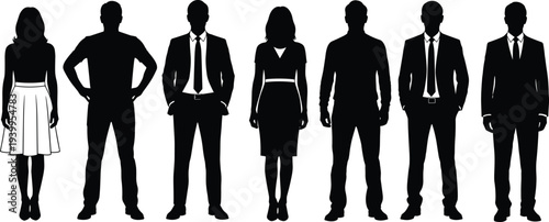 Professional silhouettes of diverse individuals in formal attire, team representation, workplace group, and corporate setting vector illustration design projects