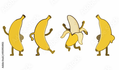 Cute cartoon banana characters set with funny fruit mascot poses isolated on white background