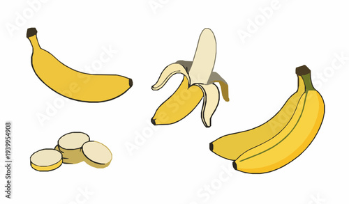 Banana fruit vector collection with whole peeled and sliced bananas isolated on white background