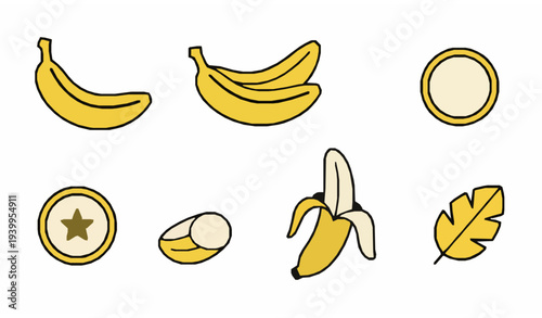Minimal banana fruit icon set with peeled banana slices and bunch isolated on white background