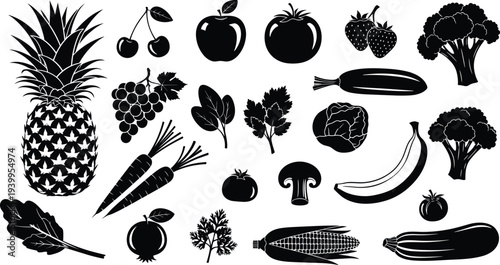Silhouette vector illustration of assorted fruits and vegetables, pineapple, cherries, apples, broccoli, corn, cabbage, carrots, minimal design, healthy food artwork
