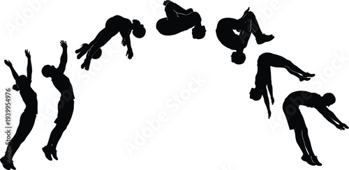 Black Silhouette Sequence of an Agile Athlete Performing a Dynamic Gymnastic Backflip Motion for Sports Motivation, Acrobatics Training, Parkour Exercise, and Fitness Action Graphics