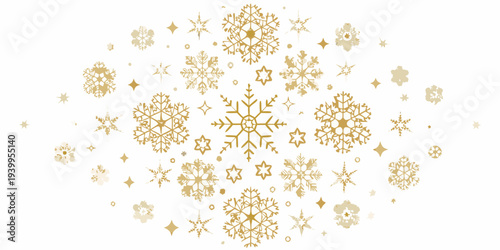 Golden snowflakes and stars scattered across a bright white background