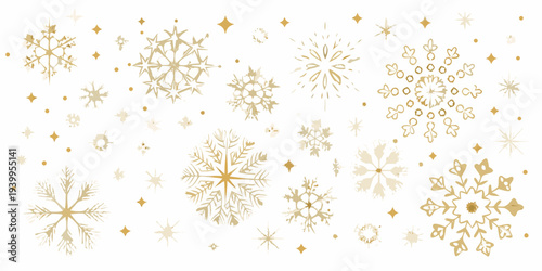 Elegant golden snowflakes and sparkling dots on a cream background