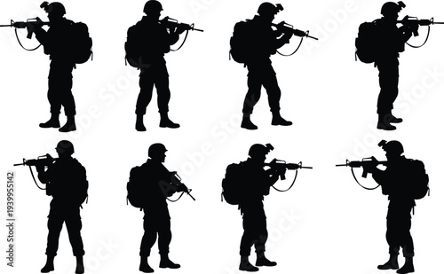 Silhouette vector illustration of eight soldiers in combat poses, rifles and helmets, backpacks, military readiness, minimal design, defense concept artwork