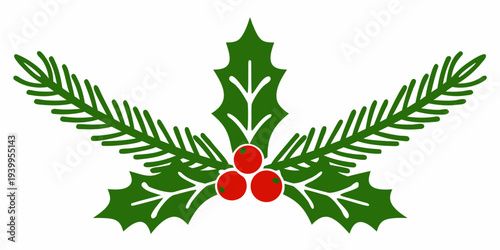 A vibrant green and red holly sprig illustration with three berries