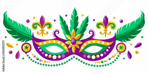 A vibrant mardi gras mask adorned with feathers beads and floral elements