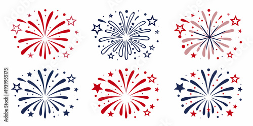 Stylized illustration of colorful fireworks displays in various designs