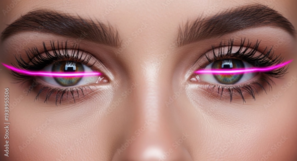 Obraz premium Close-up of a woman's eyes with dramatic pink neon eyeliner and long eyelashes, showcasing modern beauty and makeup trends.