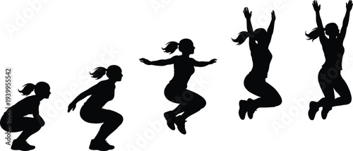 Black Silhouette Sequence of an Athletic Woman Performing a Vertical Box Jump Exercise for Fitness Training, Sport Motivation, Wellness Coaching, and Active Lifestyle Graphics