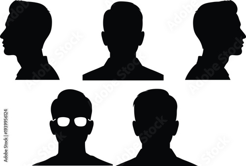 Silhouette vector illustration of five male head profiles and front views, eyeglasses variation, identity concept, minimal design, recognition artwork