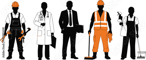 Silhouette vector illustration of five professionals, construction worker, doctor, businessperson, sanitation worker, cleaner, diverse occupations, minimal design, workforce artwork