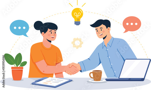 Two business partners shaking hands over a successful deal in a modern office workspace