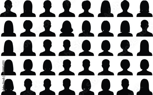 Silhouette vector illustration of forty diverse human bust profiles, varied head shapes and hairstyles, individuality concept, minimal design, demographic artwork