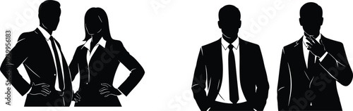 Silhouette vector illustration of four business professionals, men and women in suits, confident postures, adjusting tie, minimal design, corporate artwork