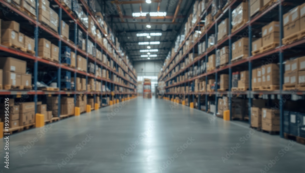 Fototapeta premium Blurred image of a contemporary warehouse interior featuring storage shelves and boxes for supply chain management