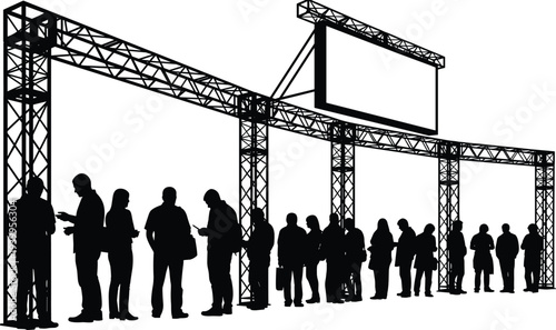 Silhouette vector illustration of people standing in line beneath truss structure with overhead screen, event registration, minimal design, social scenario artwork