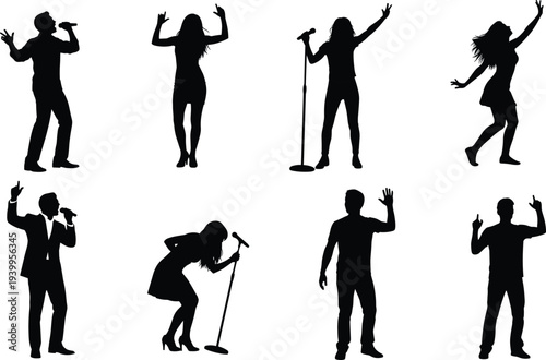 Silhouette vector illustration of six performers singing and dancing, microphones in hand, expressive stage poses, minimal design, musical performance artwork