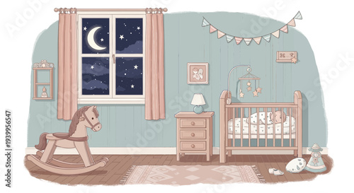 Vector illustration of a nursery room with crib and rocking horse at night