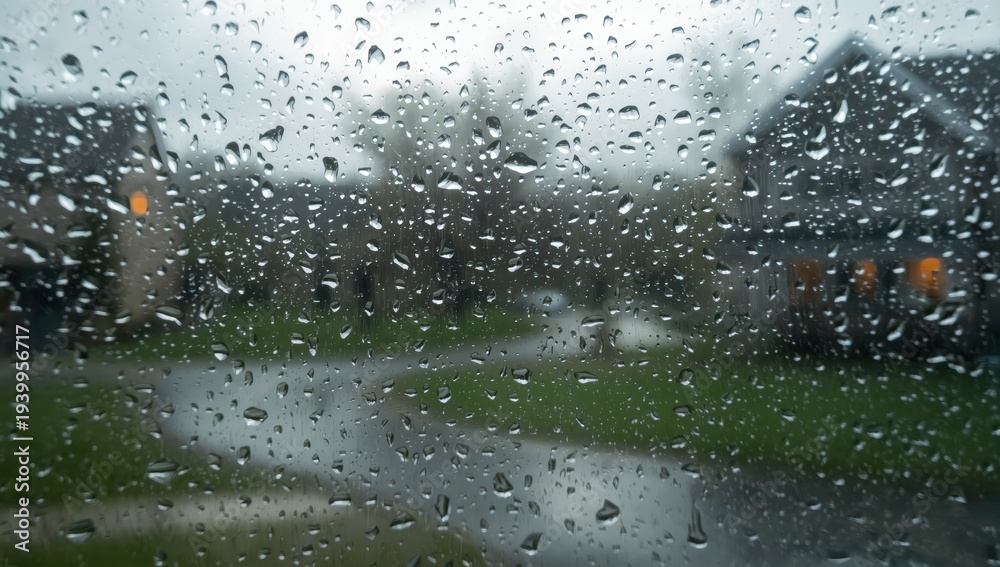 Fototapeta premium Close-up of fresh raindrops on a new double-glazed window, overlooking a private cul-de-sac
