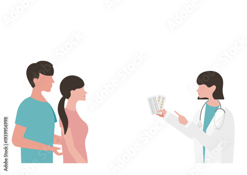 薬の説明をする女医と若い夫婦のベクターイラスト素材
