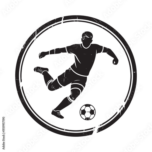Silhouette of a soccer player kicking a ball within a distressed circular frame