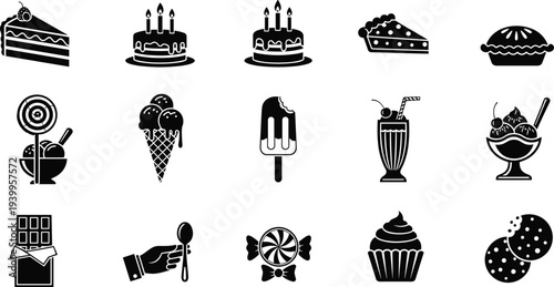 Silhouette vector illustration of sixteen dessert icons, cakes, pies, ice cream, cookies, candy, milkshake, minimal design, sweet treats artwork, food concept